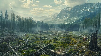 A grim visual of chopped forests with endangered species, underlining habitat destruction and threats to biodiversity - obrazy, fototapety, plakaty