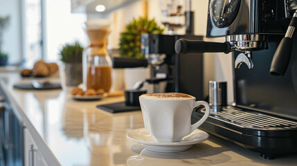 Modern coffee experience: glossy bar counter, ceramic mug, and steamy coffee machine. AI generative.