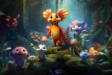 Fototapeta na wymiar Whimsical 3D cartoon animals in a fantasy forest, showcasing a variety of expressions and interactive scenes