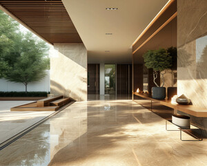 Modern minimalist entrance hall-living room of a rich house on sunny day. AI generative.