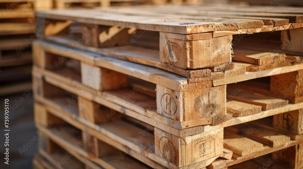 Wall mural Experience the efficiency of industrial operations with a stack of wooden pallets at a factory warehouse, illustrating the importance of logistics and supply chain management. AI generative.