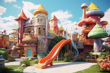 Fantasy Mushroom House Children's Park, imaginative 3D children's playground, fairy tale elf house, elf house themed amusement park