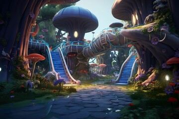 Fantasy Mushroom House Children's Park, imaginative 3D children's playground, fairy tale elf house, elf house themed amusement park - Powered by Adobe