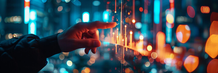 Businessman pointing a glowing stock market chart with a neon city background