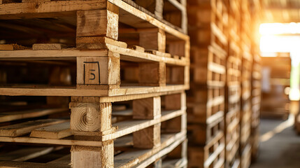 Discover the organization of industrial wood pallets stacked at a factory warehouse, highlighting the efficiency of logistics and transportation. AI generative. - obrazy, fototapety, plakaty