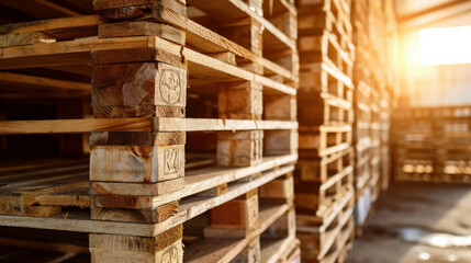 Discover the organization of industrial wood pallets stacked at a factory warehouse, highlighting the efficiency of logistics and transportation. AI generative.