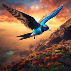 blue bird flying in the sunset on the charming hills