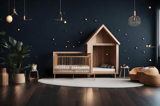 Dark wall background baby room style with wooden house bed style
