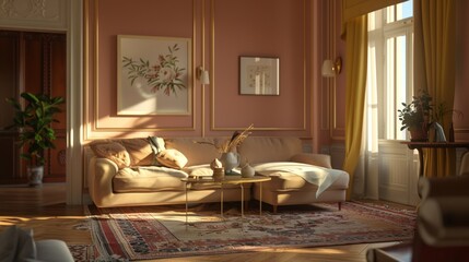 Home interior mockup, living room in pastel colors with wooden furniture, 3d render.