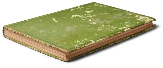 old used book with torn and worn green cover isolated on white background, classic novel or vintage...