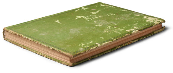 old used book with torn and worn green cover isolated on white background, classic novel or vintage cookbook with tear, crease and stain, mock-up template for graphic design