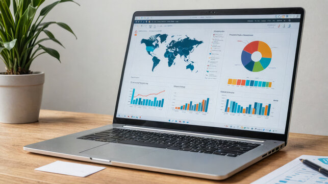 Modern laptop displaying colorful infographics including world map, bar graphs, and pie chart, placed on a wooden desk with notepad nearby