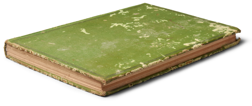 old used book with torn and worn green cover isolated on white background, classic novel or vintage cookbook with tear, crease and stain, mock-up template for graphic design