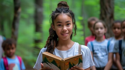 At a summer camp, a bunch of various children encircle a young camp adviser who has read a book and space, Generative AI.