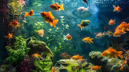  A serene aquarium filled with colorful fish gracefully swimming, bringing tranquility and beauty to National Pet Day celebrations
