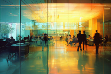 Blurry movement of people walking in the office. workstations and private meeting areas