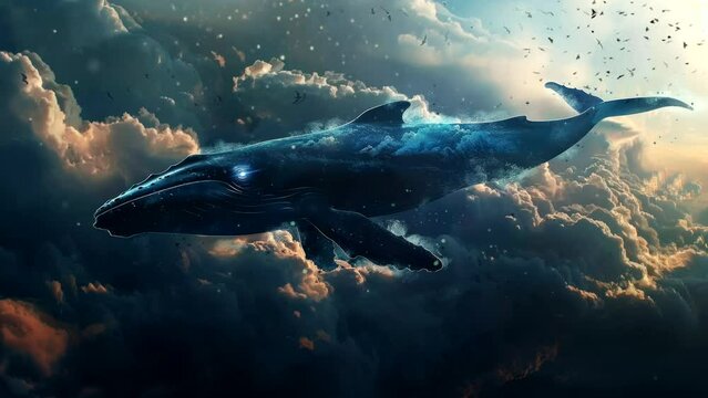 whale flying in the cloudy sky. Seamless looping time-lapse virtual 4k video animation background