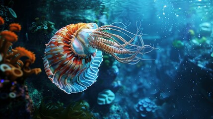 Underwater photo of a Nautilus swimming in deep water - obrazy, fototapety, plakaty
