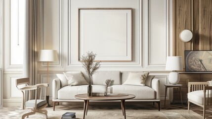 Horizontal wooden frame mockup in traditional style living room interior. Generative Ai