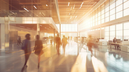Fototapeta premium Blurry movement of people walking in the office. workstations and private meeting areas