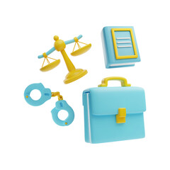 Legal justice service 3D composition, Labor law symbols set, cartoon vector libra, rules documents, handcuffs briefcase
