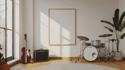 House mockup, frame in interior background, minimalist style living room, drum set and guitar set is in the corner of the room. Generative Ai