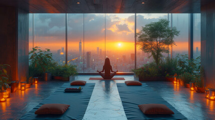 yoga in the living room with panoramic windows