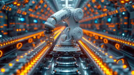 Industrial robot arms working in factory production line. Concept of artificial intelligence for industrial revolution and automation manufacturing process