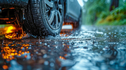 A car rides in a puddle on a rainy day. Drops of water on the asphalt