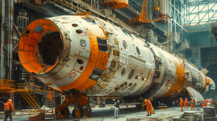 Industrial high-tech modern futuristic construction installation of a large spaceship in the space shipyard of the station
