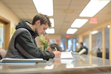 Fototapeta premium Man in grey jacket concentrated on writing on a form at a corridor table with blurred background. Hospital queue
