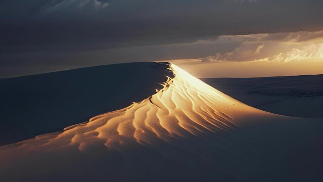 The stark contrast of a darkened sky and glowing dunes at sunset.
