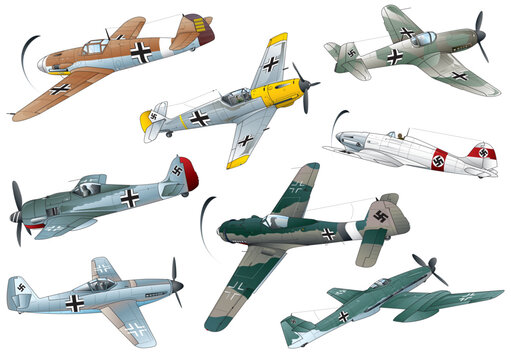 8 types of world war 2 German single engine propeller war fighter vector illustrations
