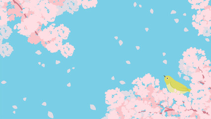 Fototapeta na wymiar 満開の桜とかわいいメジロのイラスト、春のイメージの背景素材