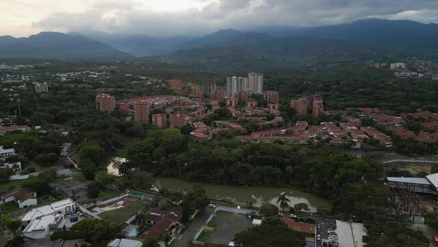 Aerial Babilla Lake Ciudad Jardin Pull Back Cali Colombia