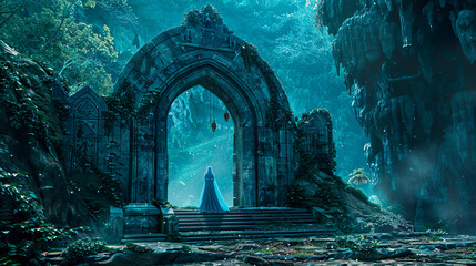 Fantasy night scene with stone archway, ruins, moonlight in the mystical forest - obrazy, fototapety, plakaty