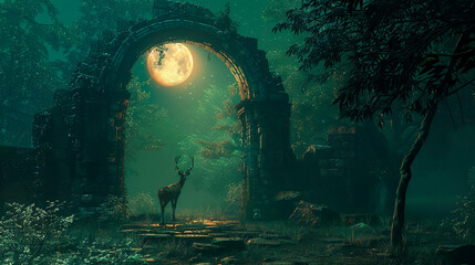Obraz na płótnie Canvas Fantasy night scene with stone archway, ruins, moonlight in the mystical forest