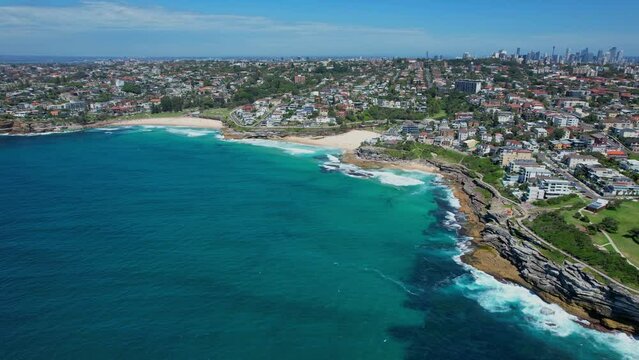 Panoramic View Of Tamarama And Bronte Beach In Summer In Sydney, NSW, Australia - Drone Shot