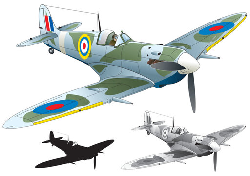 World war 2 single engine propeller fighter Supermarine Spitfire, vector illustration (monotone, black silhouette set)