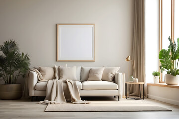 A mockup of empty, blank picture frames in a modern, cozy room design. Copy Space picture frame design.