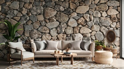 Obraz premium Living room interior natural rock wall, 3d rendering. Generative Ai