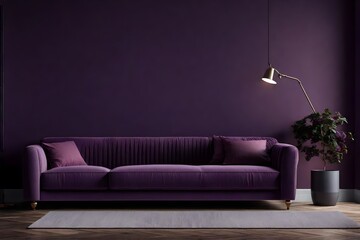 Dark Livingroom with sofa and lamp. Deep dusty purple mauve color - violet accent furniture and gray mockup wall - obrazy, fototapety, plakaty