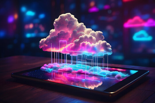 Neon light showing cloud computing on tablet computers design. neon light showing cloud computing on tablet computer design.