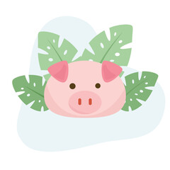 Pig flat vector Illustration icon decorated with leaves for web use for farm animal, pork, piglet.