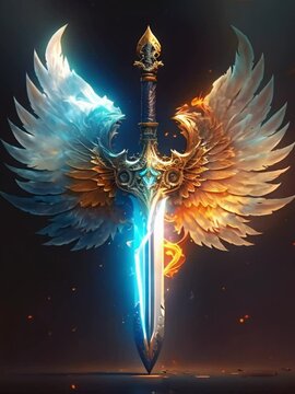 Gorgeous fantasy sword golden wings angel Digital Illustration on sunny light Gaming Assets. generative ai technology