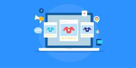 Video product review, business promotion with video content marketing on social media platform, digital strategy, vector illustration.