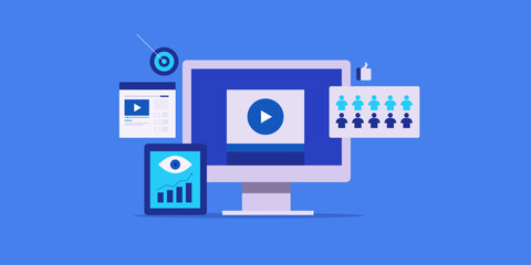 Video player on pc screen, targeting online audience views and reactions, social media marketing and data analytics concept, vector illustration. 
