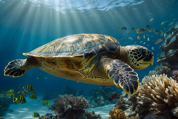 A close up of a sea turtle swimming elegantly