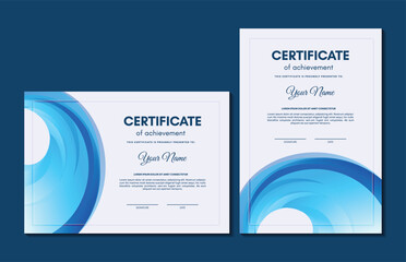 Blue certificate of achievement template with wave abstract
