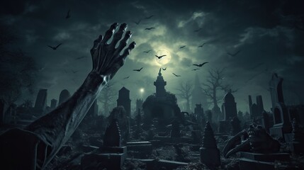 Zombie hand in dark forest. Halloween concept - obrazy, fototapety, plakaty